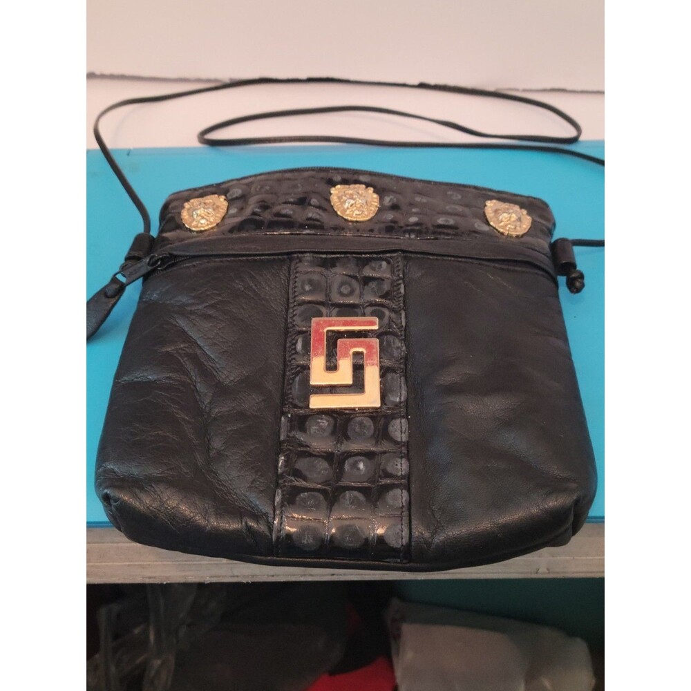 Y2K Cache Black Leather Crossbody, Lionhead, Gold Hardware Bag, 24 Inch Strap.